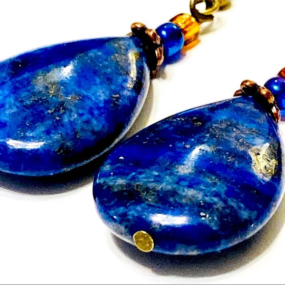 Bohemian LAPIS LAZULI Stone Earrings & Necklace w/ Sculpted Bronze Maple Leaf - Picture 8 of 14
